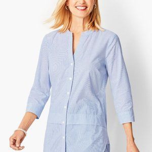 Talbots Pin Stripe Cotton Button Back 3/4 sleeve with Rounded Hem